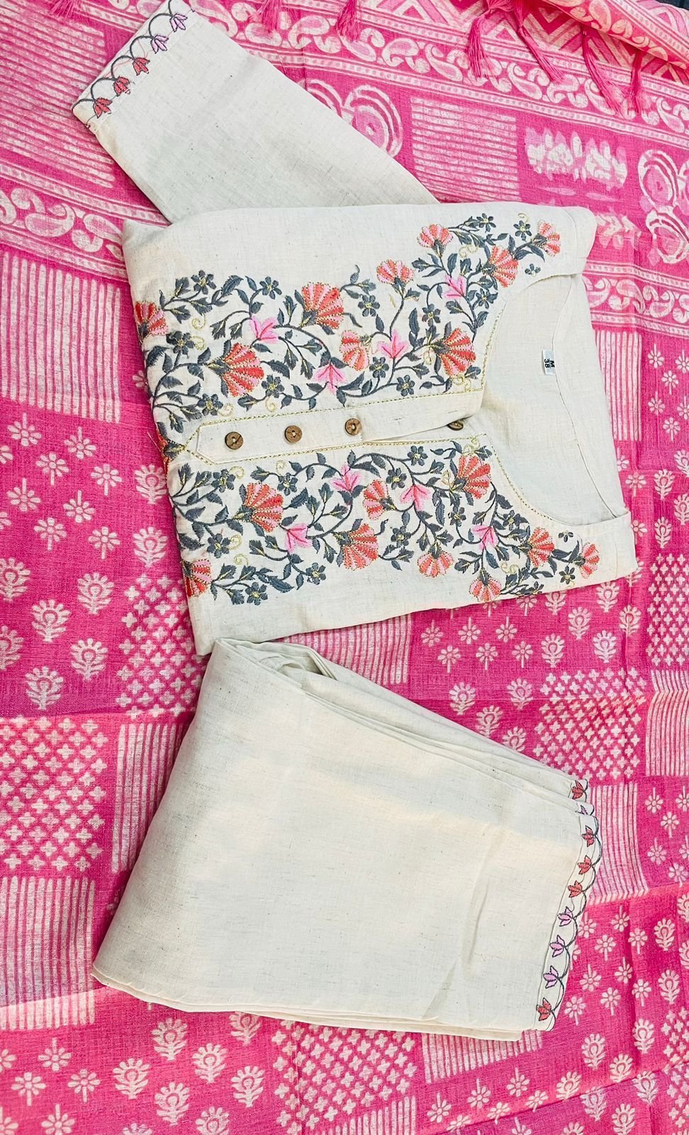 Handloom Khadi Cotton Embroidered Suit with Silk Dupatta